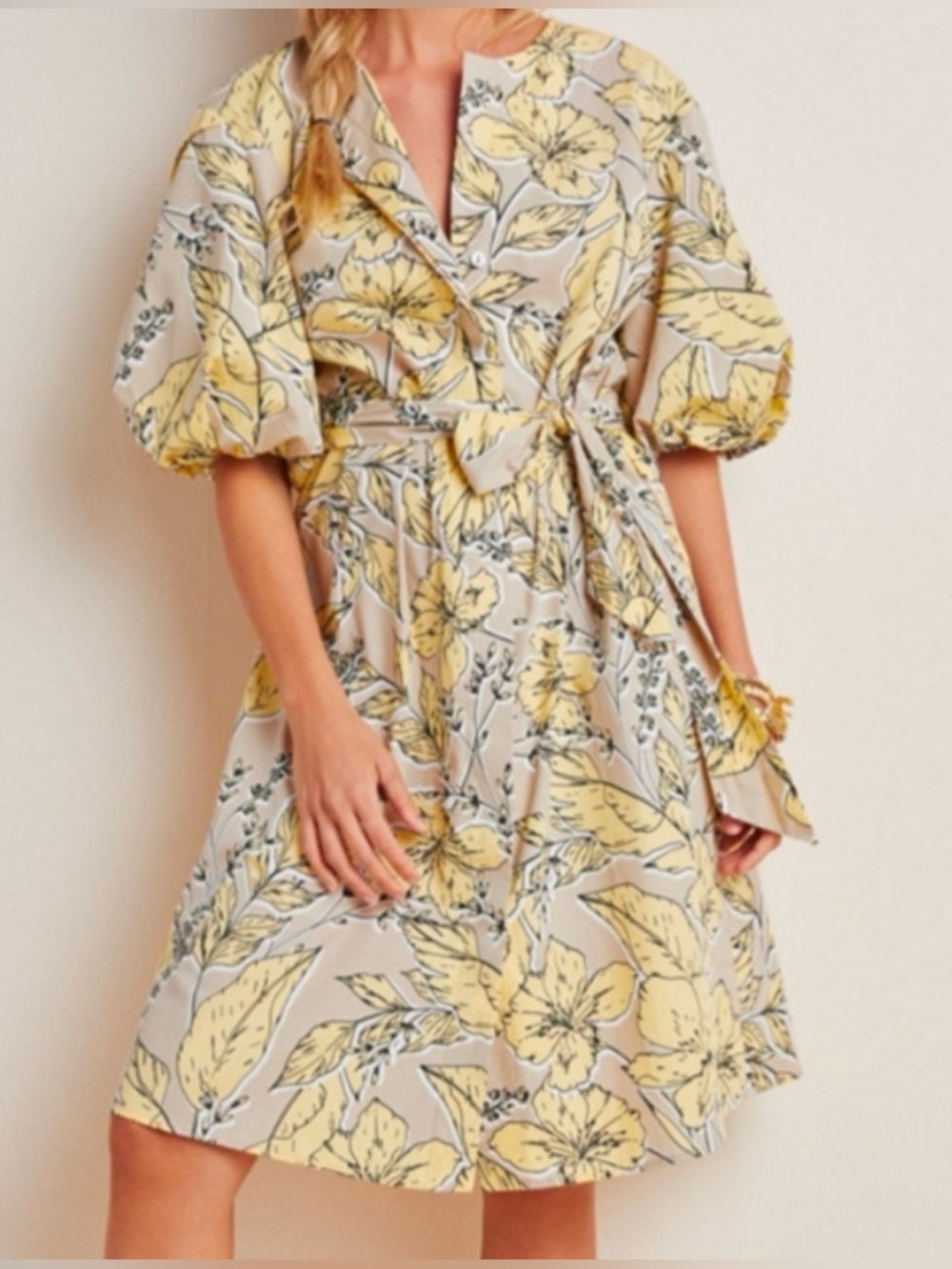 ANTHROPOLOGIE || Yellow & Cream Floral Wrap Midi Dress. Sz. L